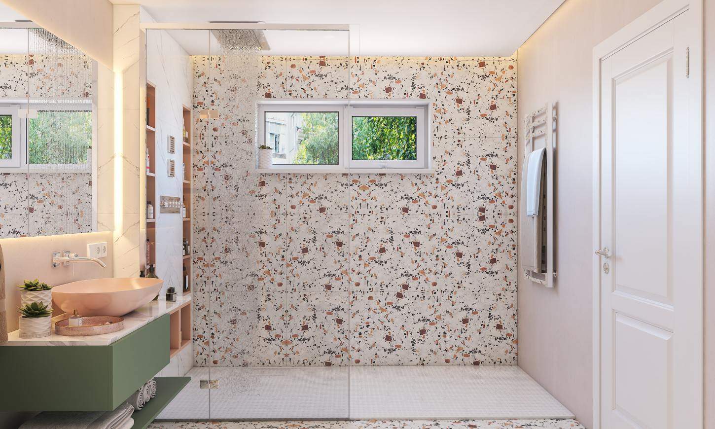 Bathroom design in minimalistic style in shower area with marble backdrop