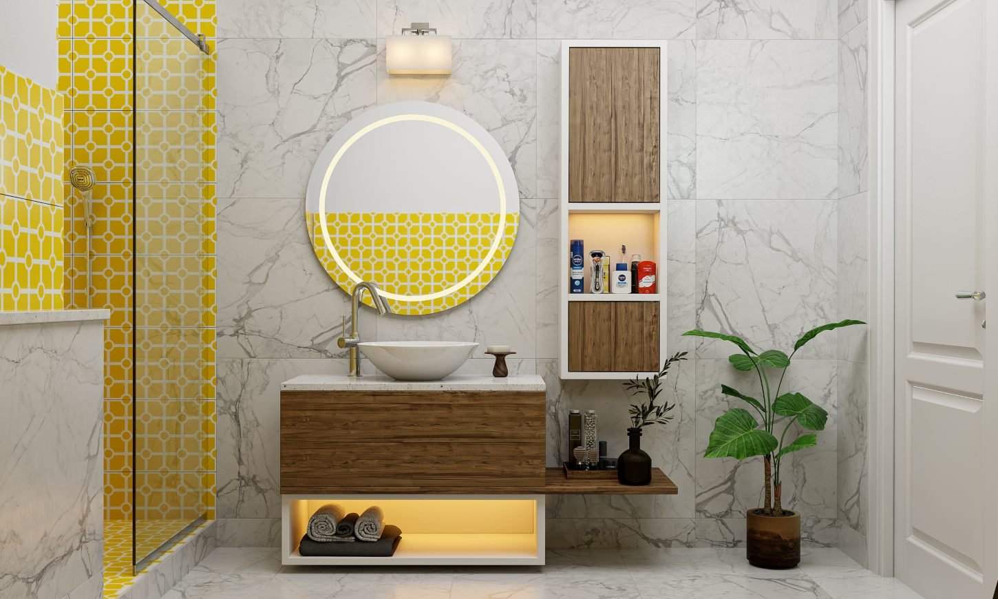 Bathroom design with a vanity with marble countertop, a bowl sink, and mirror back lighting