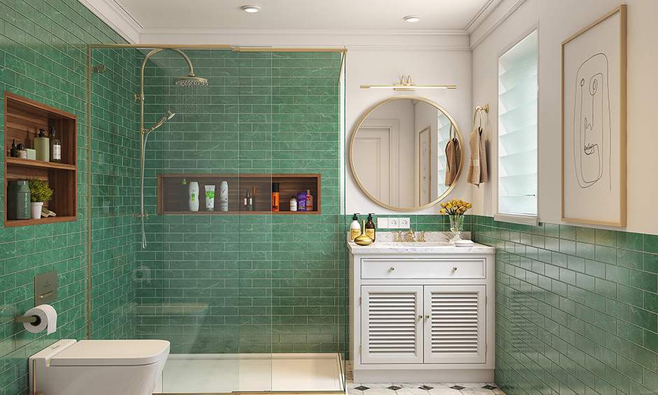 Modern bathroom with stylish vanity units in wood and stone finishes for a sleek organised look.