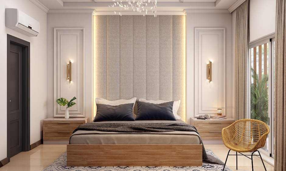 White bedroom tall headboard features backlit