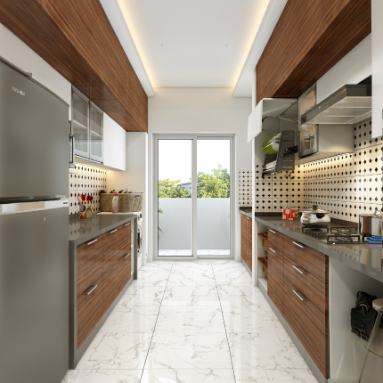 Best modular kitchen in Pune with sleek galley layout and wood cabinets