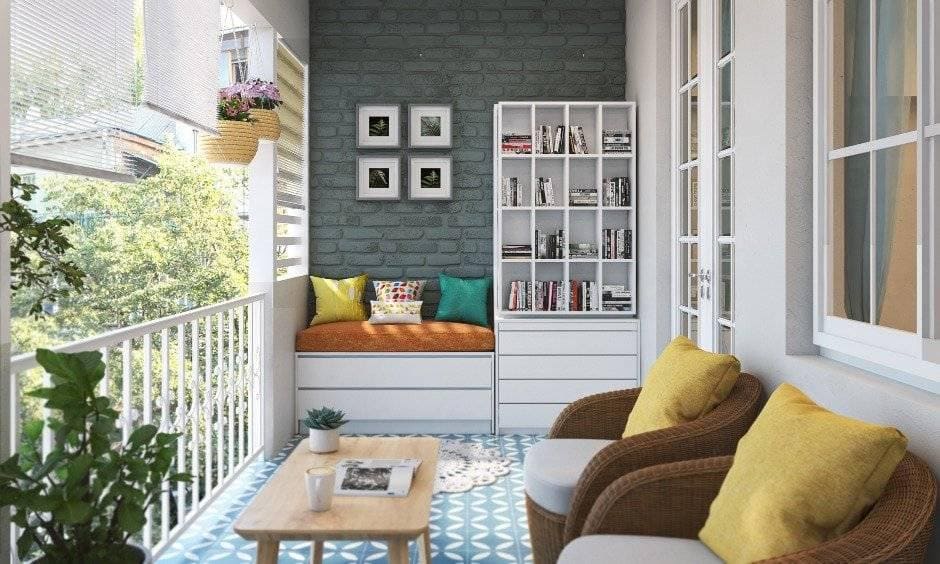 Balcony design in blue and white color with multifunctional furniture