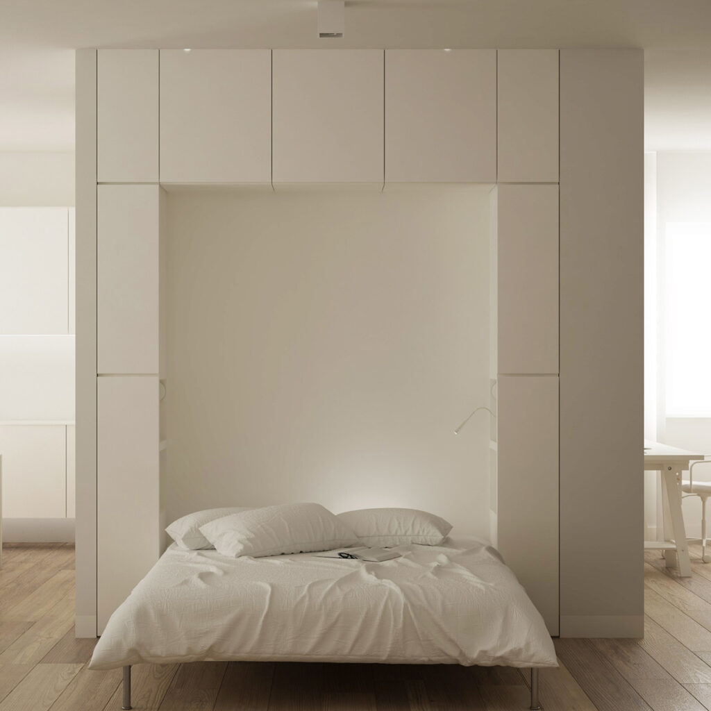 Collapsible bed and convertible beds are innovative wall mounted murphy bed designs. Up and down bed with invisible bed when folded up is a unique pull out double wall mounted murphy bed innovative design.