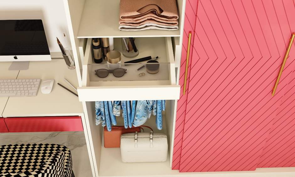 Design wardrobe which has an attached study desk with an open box unit above to store books