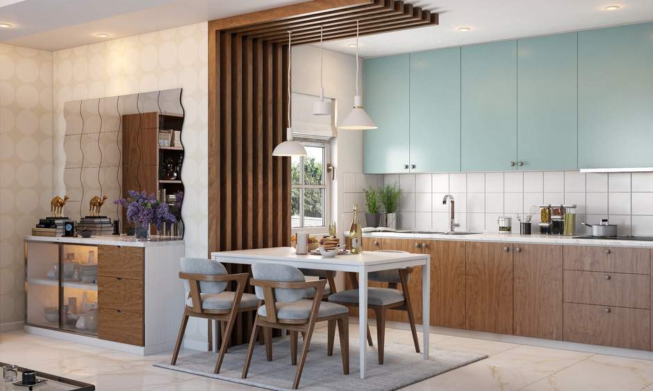 Eye-catching dining room ceiling with bold paint, wooden beams, and cove lighting accents.