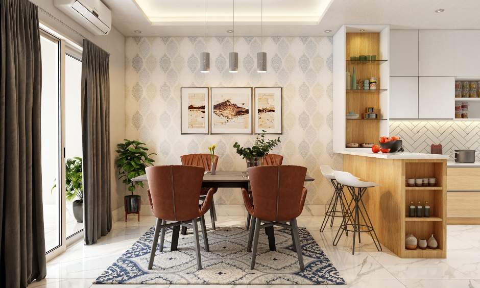 Dining room design with ample natural light and the LED-lit false ceiling illuminates the room beautifully