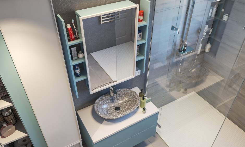 Grey and white bathroom interior with bowl shaped sink in stone
