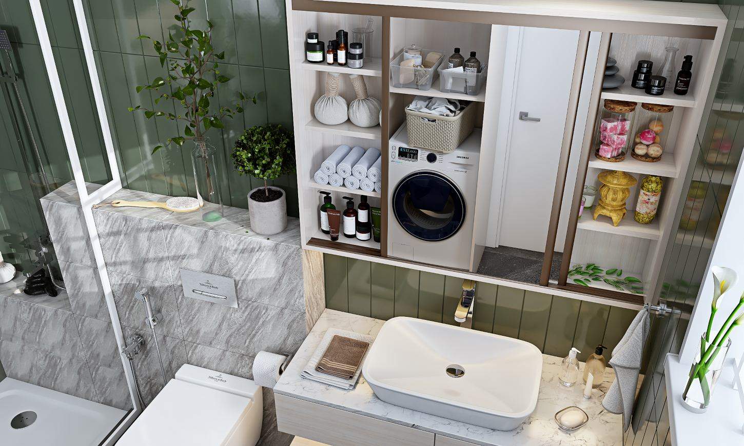 Grey and white modern bathroom images with sliding mirror with storage
