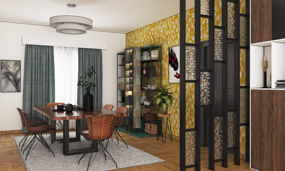 Elegant, simple dining room wall decor with a gallery of black-and-white prints and floating shelves.