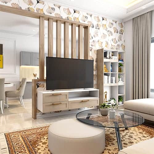 Interior decorators in Gurgaon designed living room with a corner bookshelf