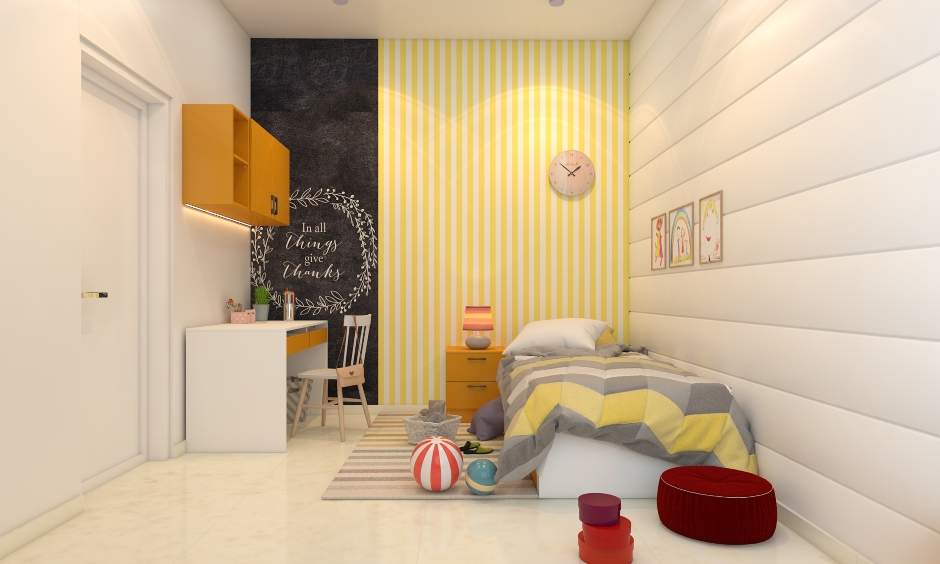 Kids' bedroom features a single bed and a white desk with a yellow wall-mounted cabinet