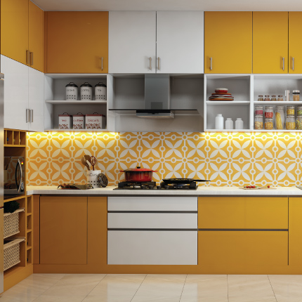 Stylish yellow and white kitchen cabinets in Bangalore with storage