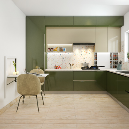 Kitchen design in Hyderabad in L-shaped with a wall mounted dining table