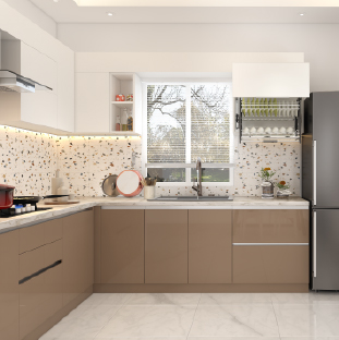 L-shaped modular kitchen with beige cabinets, tailored for modern Ahmedabad homes