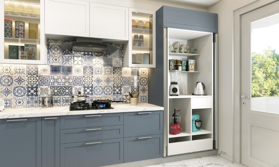Compact kitchen with foldable dining table, open shelves, and smart modular storage solutions