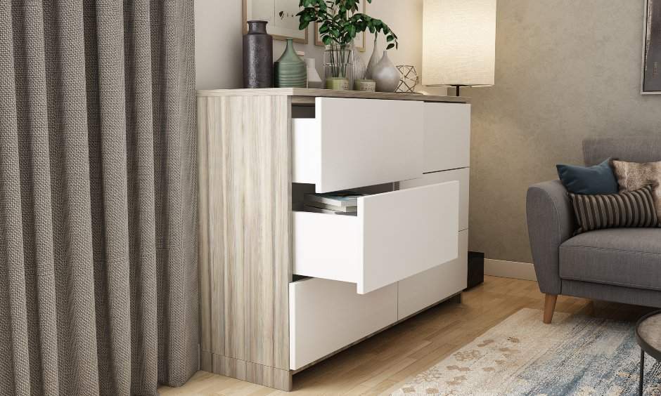 Living room interior design with storage solution with open drawers in hall interior design