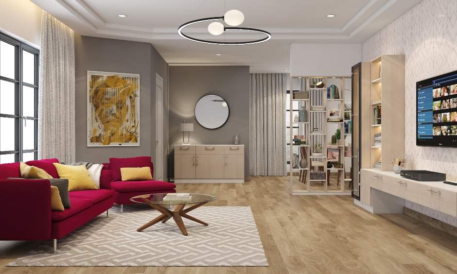 Living room features red couch with recliner lounge
