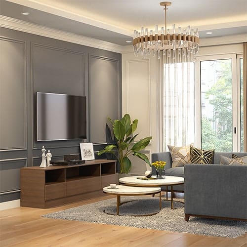Luxury interior designers in Gurgaon designed a living room with low lying tv unit