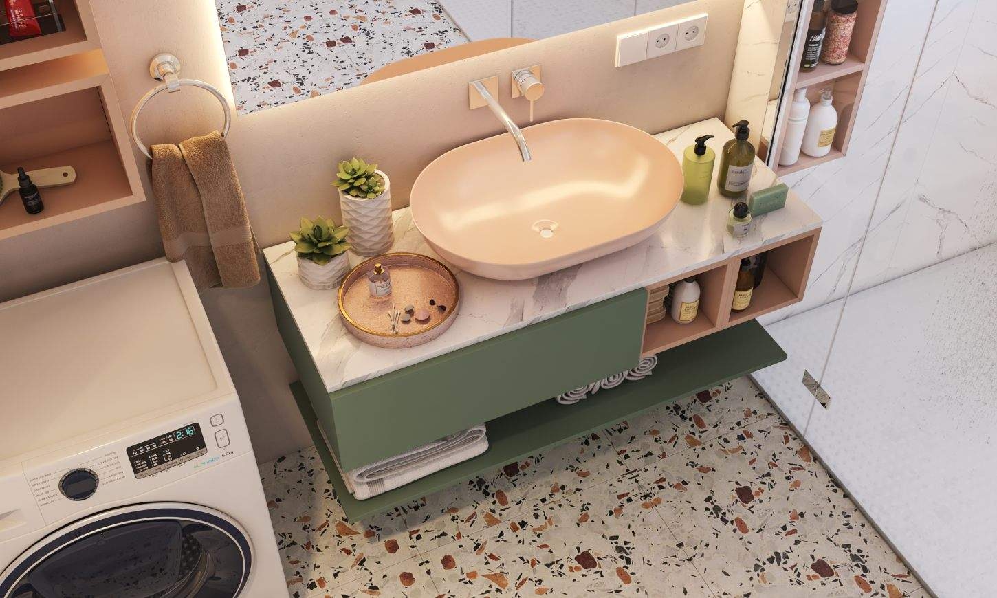 Minimalistic style bathroom design with floating vanity and bowl sink