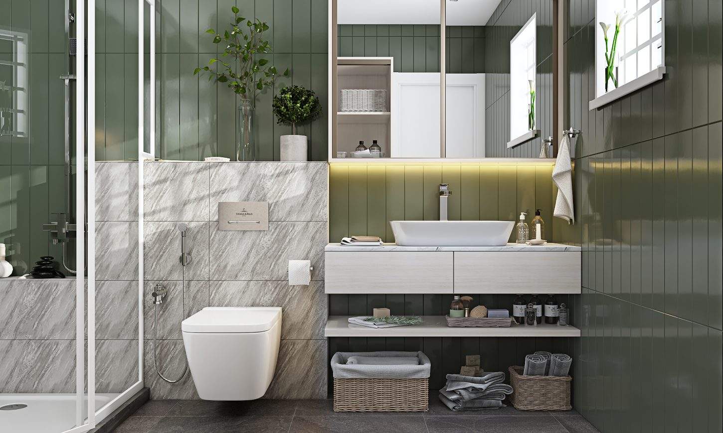 Modern bathroom design in grey and white
