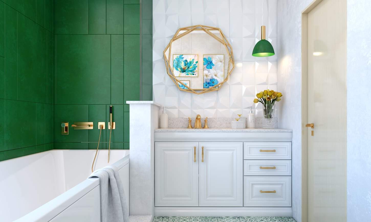 Modern bathroom design with green walls and gold accents to make a classic bathroom