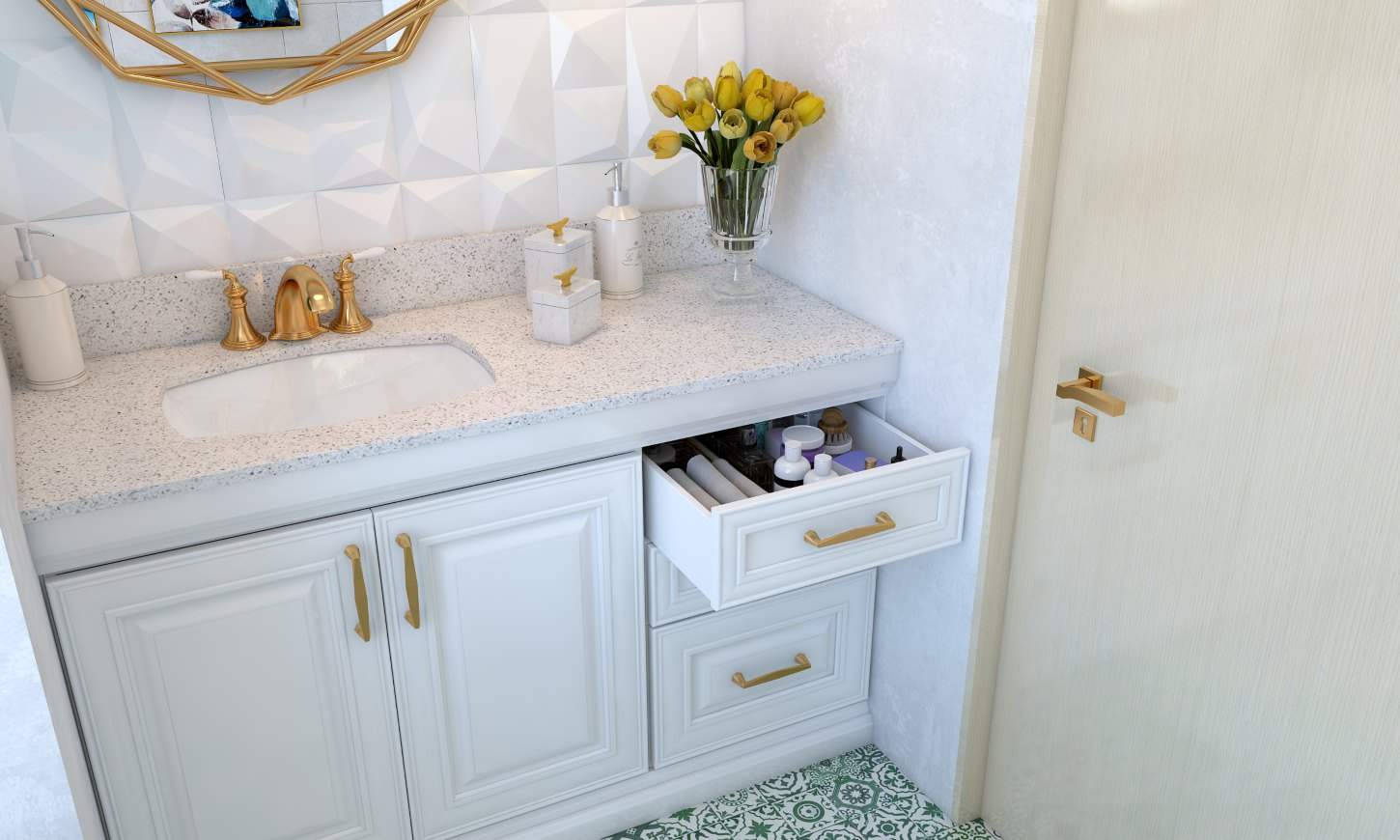 Modern bathroom design in retro style with vanity with cabinets and drawers