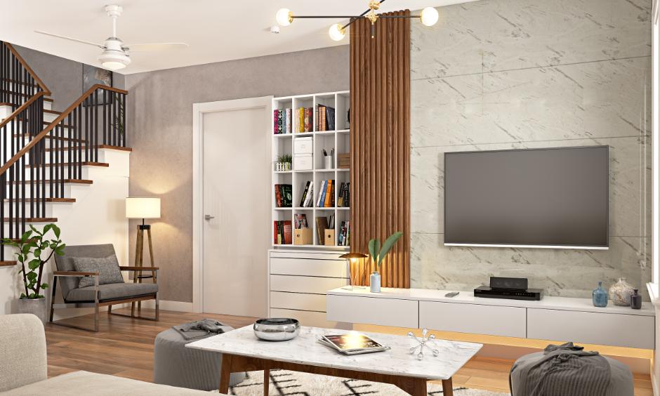 Modern minimalist living room uses clean-lined furniture and simple decor for a neat, functional space.
