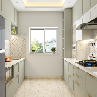 Modern parallel kitchen design in Gurgaon with neutral tones and open shelves
