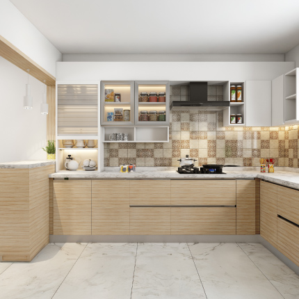 Modular kitchen design cost in Chennai for veneer finish starts at ₹4 Lakhs
