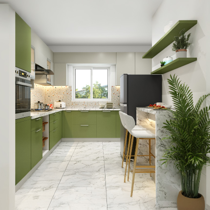 Modular kitchen in Mumbai, Maharashtra with L-shaped layout and green cabinets