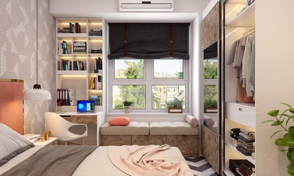 Muted colour modern bedroom comes with study corner