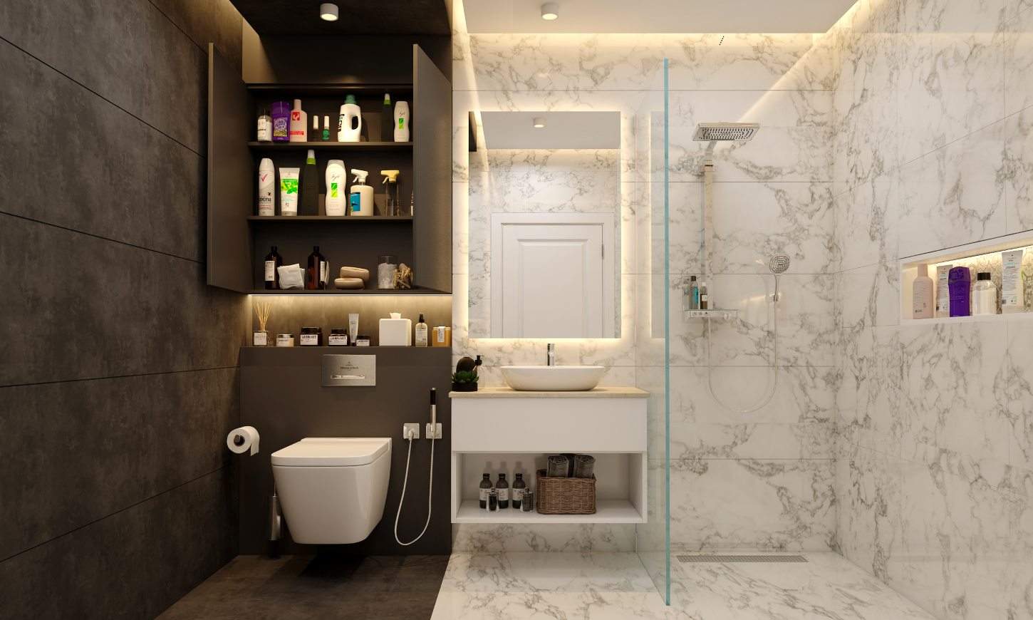 Push to open shutters above the toilet in black and white modern bathroom