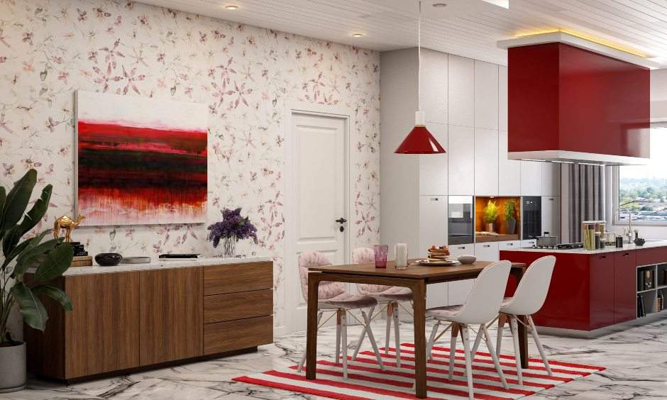 Inviting simple dining hall design with a consistent palette and neutral tones for visual flow.