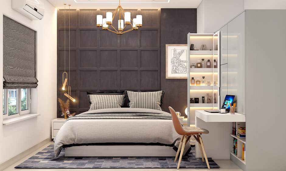 Space-saving wardrobe furniture with pullout dressing unit for optimal storage