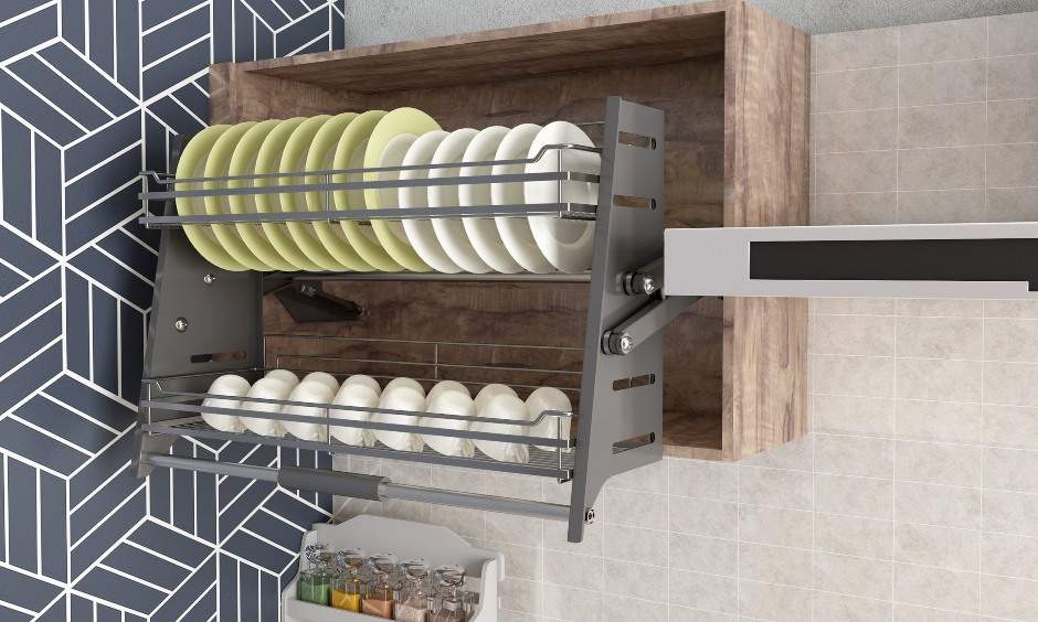 Straight modular kitchen with bi fold shutters to save space in your modern kitchen
