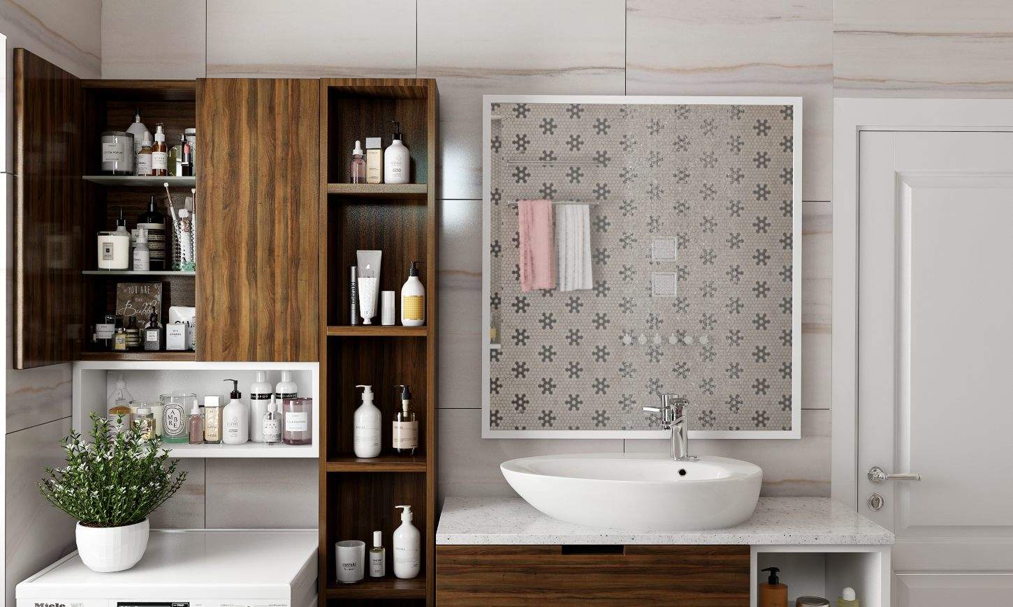 Tall unit with open shelves attached a vanity unit to store in modern bathroom design
