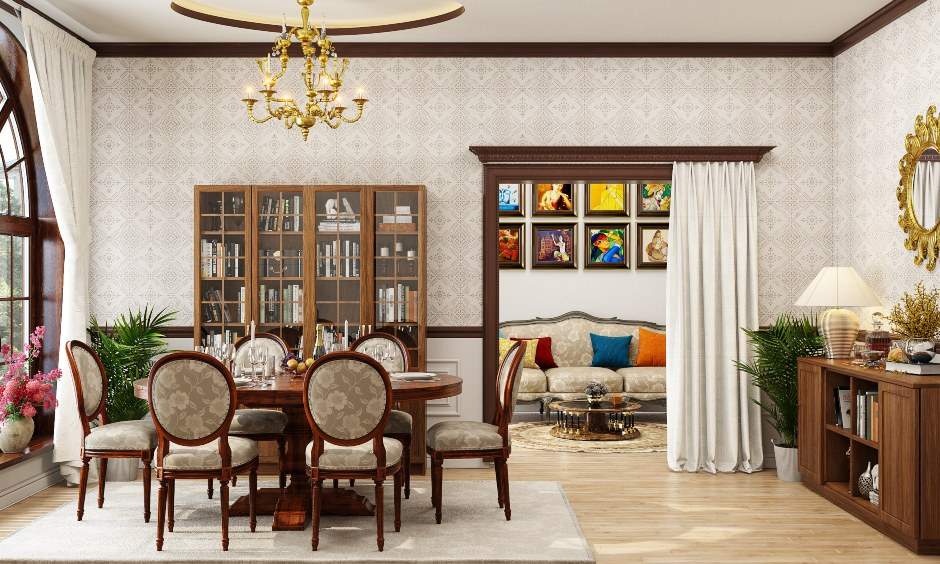 Dining room in traditional style has a wooden dining table with six upholstered chairs and a floral wallpaper desing