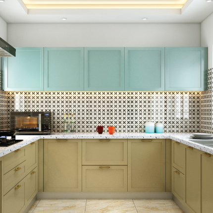 U-shaped modular kitchen design in Navi Mumbai with pastel cabinets