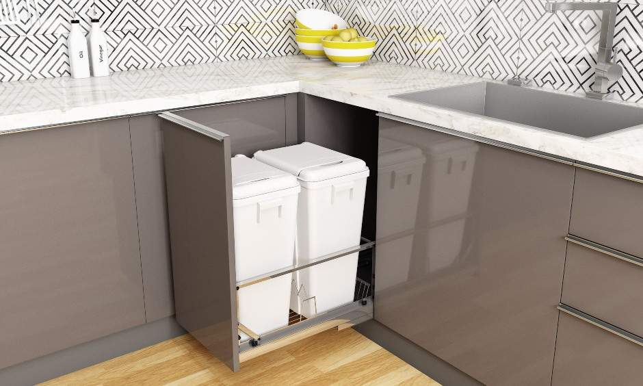 U shaped modular kitchen interior design with space saving open wooden shelves and waste bin pull out