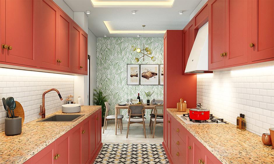 Sliding glass door divides wet and dry kitchen, linking spaces with unified colours and an easy-access pantry.