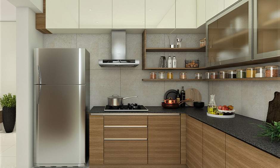 Wooden shelf rack for kitchen with frosted glass, storing spices and cookbooks neatly