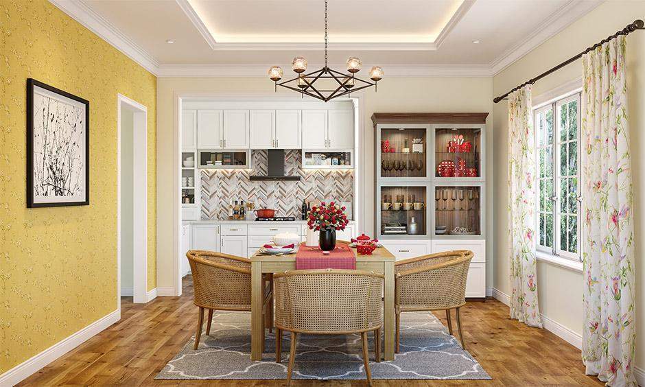 Dining room with sun-kissed yellow walls that create a cheerful and uplifting atmosphere.