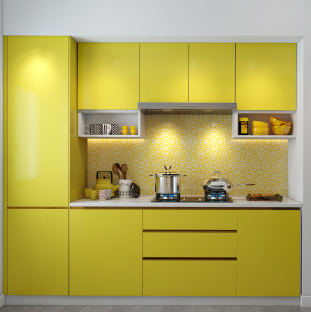 Yellow modular kitchen cabinets design in Bhubaneswar, Odisha